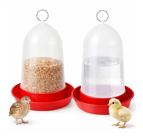 Bebedouro e Comedouro Automático para Aves - Kit 2 Peças com Argola - Base Vermelha