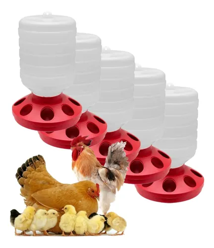 Kit 5 Comedouros e Bebedouros para Aves - Galinha, Frango e Pintinho - Base Vermelha